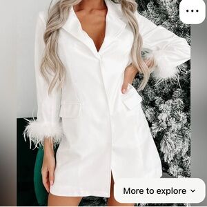 White Blazer Button Dress Feather Sleeve